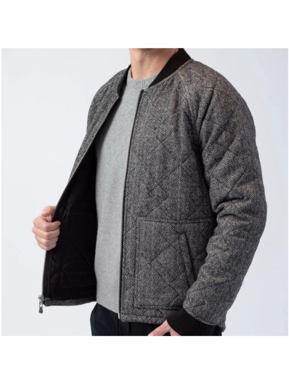 Frame Herringbone Wool Blend Tweed Grey Bomber Jacket Men’s XXL
